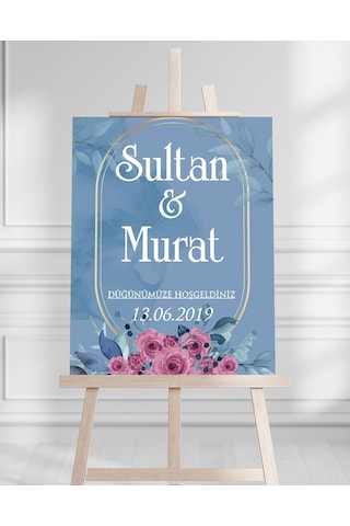 Söz Nişan Düğün İçin 50x70 Karşılama Panosu - Mavi Çiçek Tasarımlı 2 Beyaz