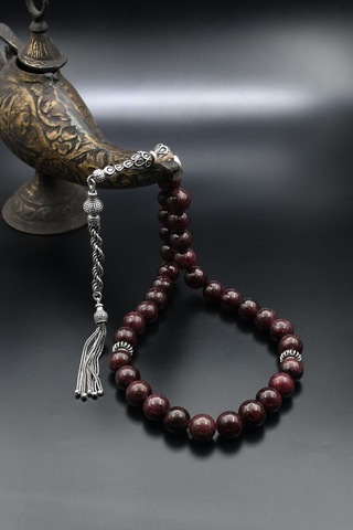 Prestij Gümüş 925 Ayar Gümüş Tesbih 33'lük Doğal Garnet - Lal Taşlı 10 Mm Küre Kesim