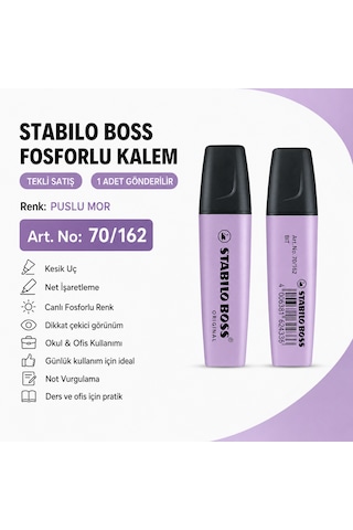 Boss Fosforlu Kalem 1 Adet Metin İşaretleme Kalemi Mor