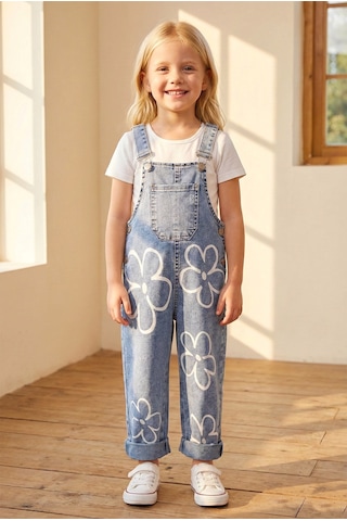 Baby Mod Çiçek Baskılı Denim Kız Çocuk Salopet Kot Tulum Mavi