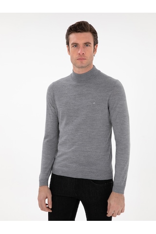 Cacharel Füme Slim Fit Yün Karışımlı Yarım Balıkçı Yaka Basic Triko Kazak Gri