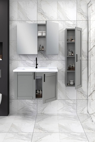 %100 Mdf 80 Cm Riva Banyo Dolabı + 30 Cm Riva Boy Dolabı Beyaz