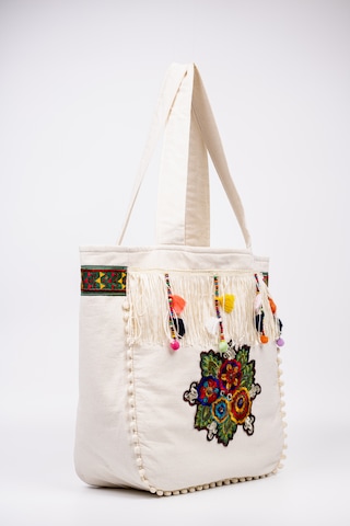 Fabric Craft Bag Omuz Çantası Bohem Nakışlı Püsküllü Pamuklu Krem 45x35 Krem