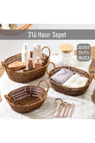 Porsima 302c 3lü Düzenleyici Oval Hasır Sepet Seti Ekmeklik Sepet
