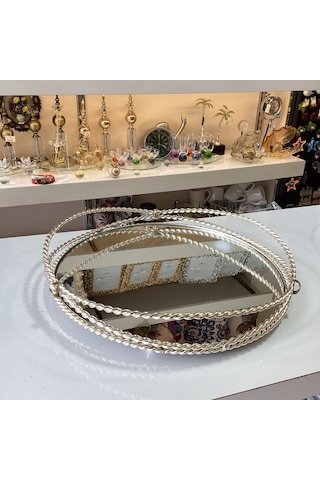 Gümüş Dekoratif Tasarım Burgulu Aynalı Sunumluk Tepsi Gümüş