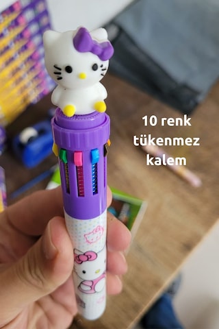 Hediyelik Mor Hello Kity Kalem, 10 Renk Tükenmez Kalem, Tatlı Tatlış İlkokul Ortaokul Çocuk Hediye
