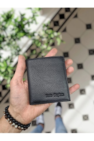 Visso 114 Hakiki Deri Çanta İsme Özel Çıtçıtlı Siyah Cüzdan Siyah