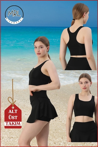 Kadın Siyah Etekli Şortlu Mayo Takım Göğüs Pedli Yüksek Bel Toparlayıcı Büyük Beden Uyumlu Tk3107 Siyah