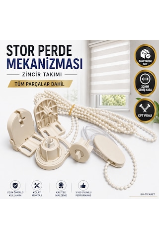 2 Adet Stor Perde Mekanizması 32mm Geniş Kasa Çift Vidalı Takmatik Zincir Takımı Tam Set Zebra Perde Mekanizması Krem