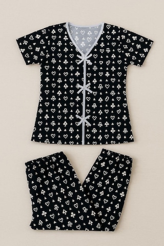 Moda Dua Kadın Siyah Beyaz Desenli Fiyonklu Kısa Kollu Pijama Takımı