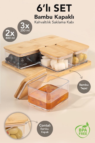 6 Parça Bambu Kapaklı Kahvaltı Saklama Kabı - Bambu Tepsili Hava Almaz Vakum Kapak Kahvaltılık Set Bej
