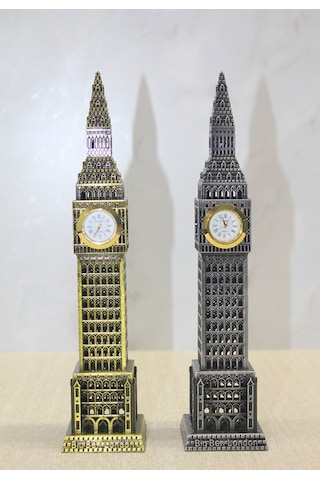 2 Adet Metal Saat Kulesi Metal Figür Saat, Saat Kulesi Modeli, Clock Tower 24 X 6 Cm