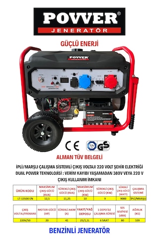 Power LT13500EN 12.5Kva 10Kw İpli Marşlı Benzinli Jeneratör