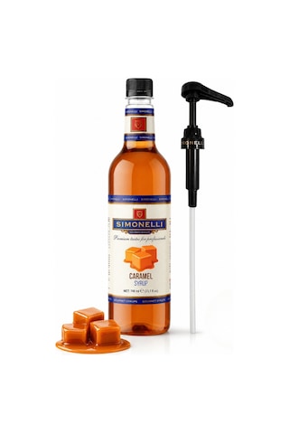 Simonelli Karamel Aromalı Kahve ve Kokteyl Şurubu 700 ML + Şurup Pompası - Latte Frappe Soğuk Sıcak Kahve ve Tatlı Şurubu