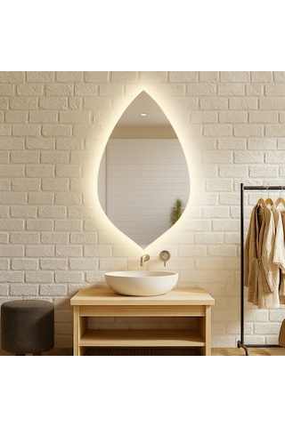 70x120 Cm Damla Form Led Ayna Dokunmatik, Dim Edilebilir, 3000k Günışığı Modern Duvar Aynası Sarı
