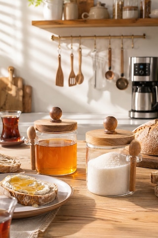 Porsima Lm-0057 Bambu Kapaklı Bambu Kaşıklı Cam 2li Şekerlik Sunumluk Seti Bal Ve Reçel Kavanozu Saklama Kabı 450ml Cam - Şeffaf
