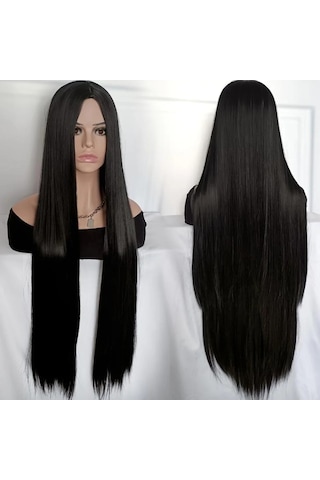 Anime 100cm Sentetik Uzun Düz Siyah Yüksek Sıcaklık Fiber Peruk Çok Renkli