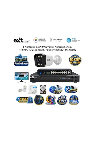 8 Kameralı 5 Mp Ip Güvenlik Kamera Sistemi 1tb Hdd'li, Gece Renkli, Poe Switch'li - 20 İnç Monitörlü