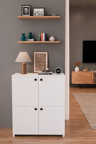 4 Kapaklı Çok Amaçlı Konsol 2'li Duvar Rafı Hediyeli Kitaplık Çok Amaçlı Salon Dolabı Beyaz