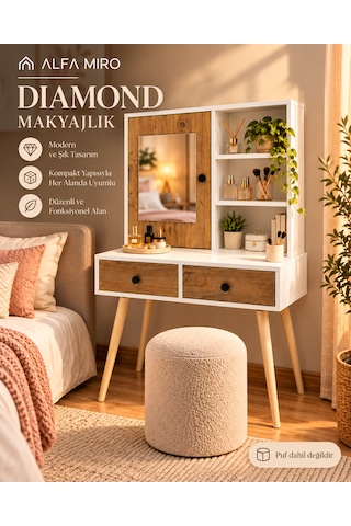 Diamond Makyaj Masası Aynalı Ahşap Ayaklı 140x80 Cm Atlantik Çam - Beyaz