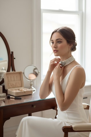 Zirkon Taşlı Choker Tasma Inci Kolye Beyaz