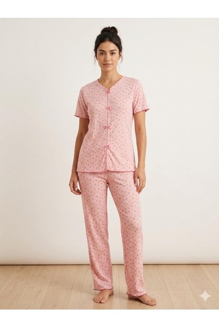 Sleeproom Yazlık Pembe Çiçek Desenli Kısa Kol Penye %100 Pamuk Pijama Takım Pembe Fuşya Çıtır Çiçek
