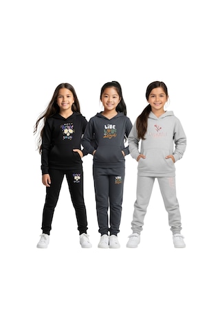 3'lü Kapüşonlu Kanguru Cepli Baskılı Kız Çocuk Eşofman Takımı Çok Renkli