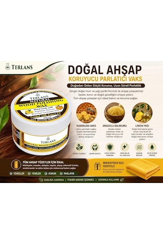 Terlans Doğal Ahşap Koruyucu Parlatıcı Vaks 250 Ml Üstün Koruma + Mikrofiber Bez / Ahşap Mobilya Parlatıcı Ve