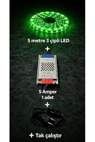 Utfak Dolabı Tezgah Üstü Ve Ev Dekarasyon Için 5 Metre Şerit Led Işık Trafo Anahtarlı Tak Çalıştır Kablo 5 Metre Yeşil