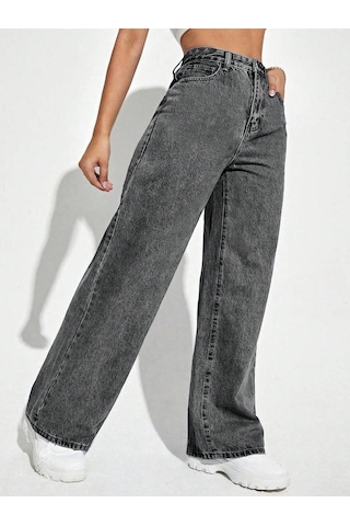 Palazzo Pantolon Füme Yüksek Bel Geniş Paça Bol Kesim Premium Jeans Gri