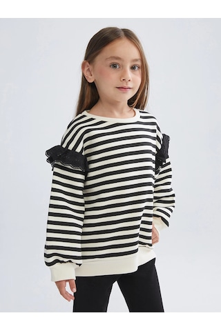 LC Waikiki Lcw Kids Siyah Bisiklet Yaka Çizgili Kız Çocuk Sweatshirt Black Strıped
