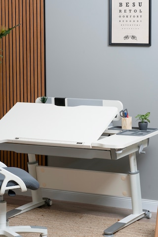 Sirius Simple Yükseklik Ve Eğim Ayarlı, Bilgisayar Ve Ofis Masası, Modern Ekru Çalışma Masası Mavi Gri