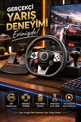270 Titreşimli Yarış Direksiyon Seti Pedal, Vites Kolu Ve El Frenli Sürüş Simülatörü