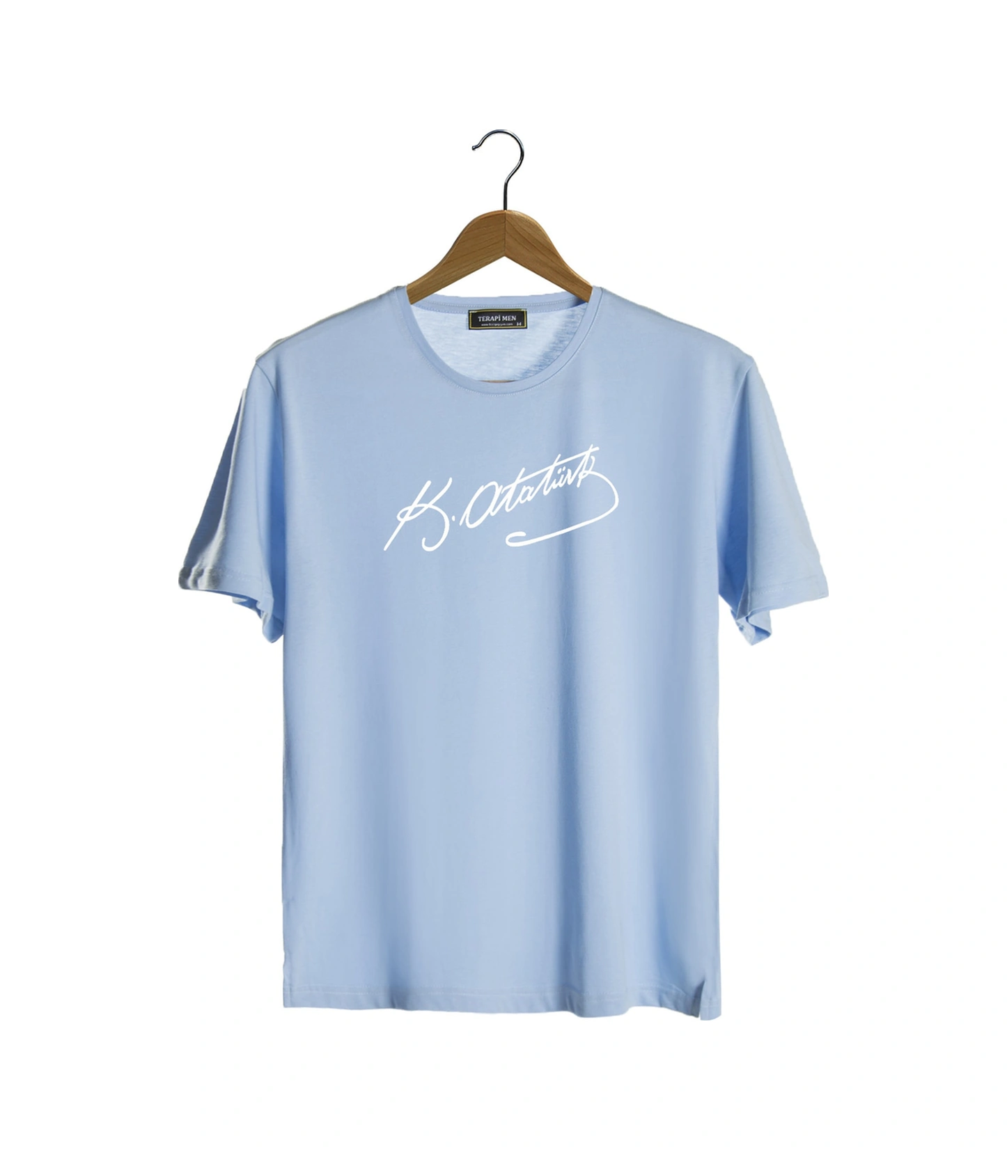 Veaven Unisex Açık Mavi Bisiklet Yaka Önü Atatürk Imza Baskılı Oversize T-shirt Açıkmavi