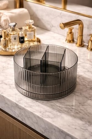 Busstier 360 Derece Dönen Makyaj Organizer Çoklu Bölmeli Masaüstü Kalem Tutucu Büyük Kapasiteli Şeffaf Kozmetik Kutusu Ruj Eyeliner Fırça Düzenleyici Açık Kahverengi