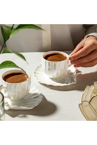 Perla 6 Kişilik 12 Parça Porselen Kahve Fincan Takımı Beyaz