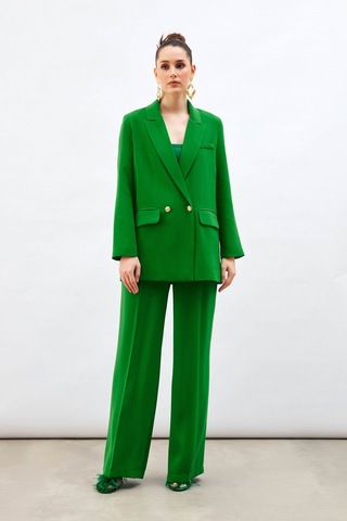 Sateen Pile Detaylı Salaş Pantolon - Yeşil