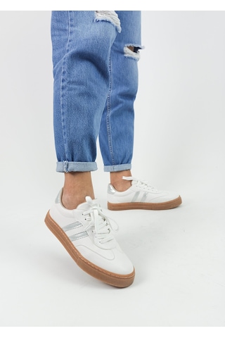 Gdt Ayakkabı Beyaz Renk Bağcıklı Düz Taban Kadın Sneakers