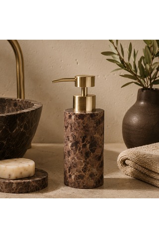 The Voguemaxima Mermer Görünümlü Sıvı Sabunluk Kahverengi Gold Pompalı 7x19 Cm