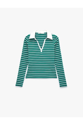 Koton Pamuklu Slim Fit Uzun Kollu Polo Yaka Çizgili Tişört Yeşil Çizgili 6sak50114ek