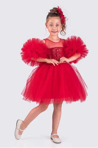 Kız Çocuk Abiye Elbise Ponpon Kol Pul Payetli Tütülü Kırmızı