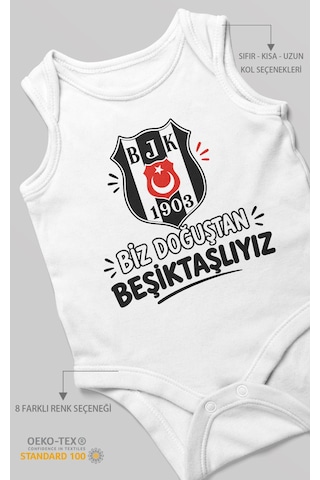 Morivokids Biz Doğuştan Beşiktaşlıyız Sıfır Kollu Bebek Zıbını %100 Pamuk Beyaz