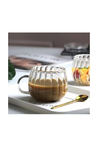 300 Ml Kulplu Çizgili Tombul Modern Cam Bardak-1 Adet
