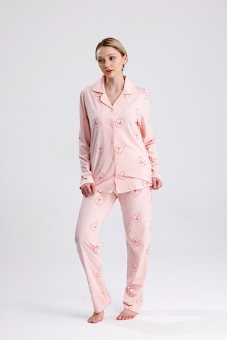Yeni İnci Ayıcık Desen Pamuk Kadın Pijama Takım Pembe