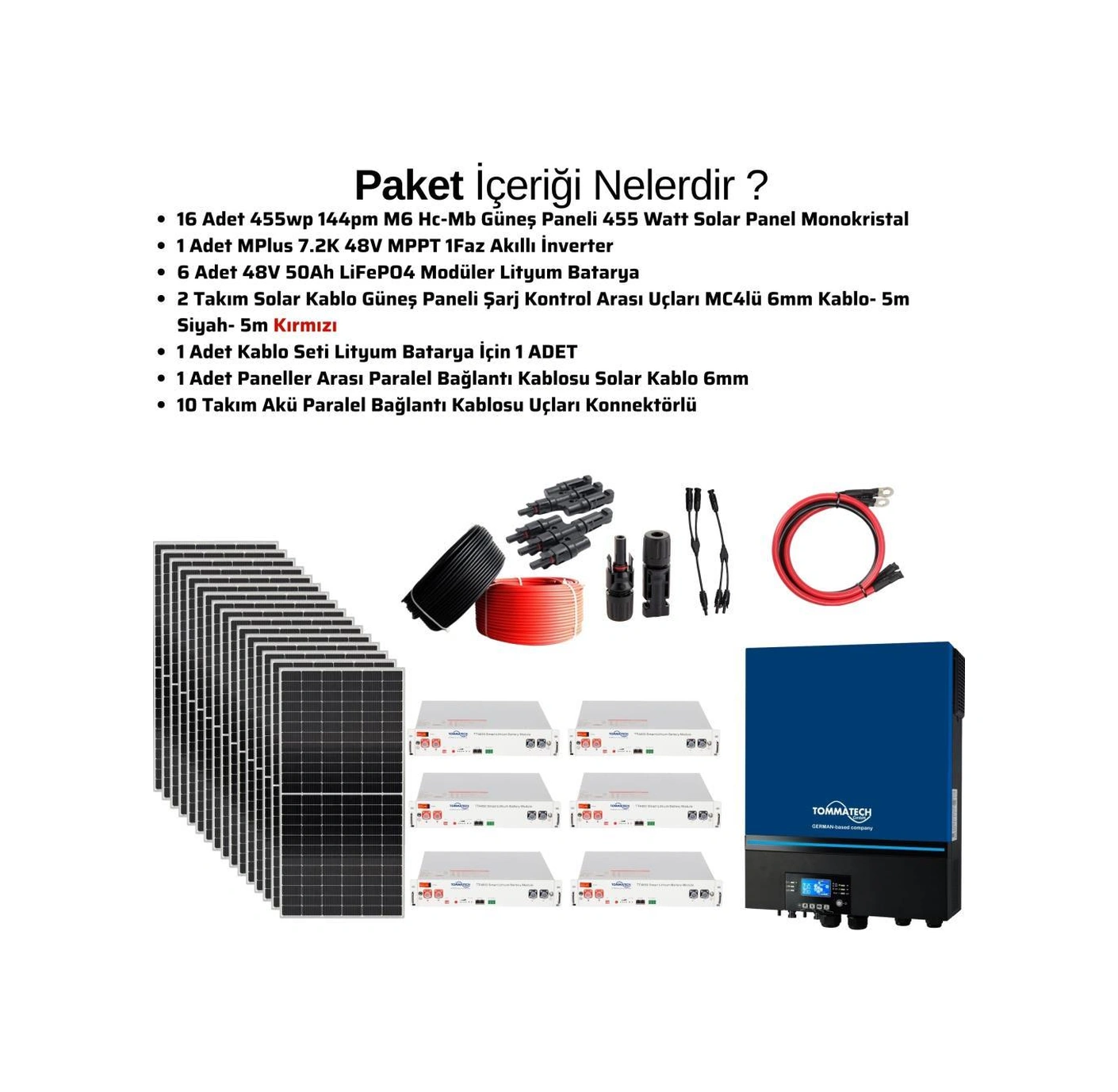 Güneş Enerjisi Solar Paketi 7.2kva İnverter 550 Watt Güneş Paneli 48v 50 Amper Lityum Akü