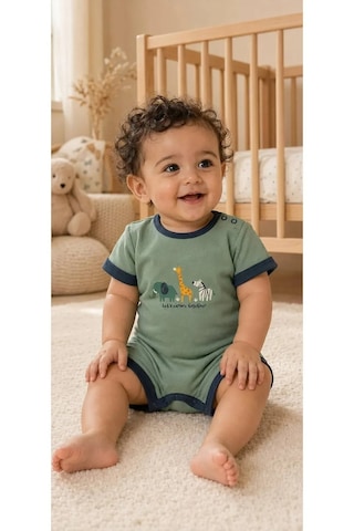 Ferasty İstanbul Unisex Bebek Tulum Hayvan Desenli Çıtçıtlı Yeşil