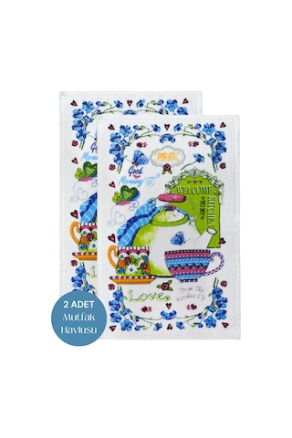 2li Paket Baskılı Beyaz Mutfak Havlusu Modeli For You