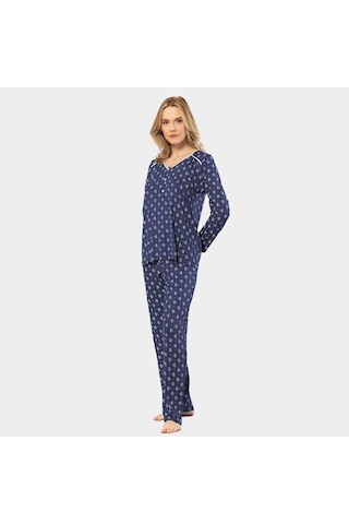 Türen Çiçek Desenli Uzun Kollu Patlı Pijama Takımı 3382/lacivert 001