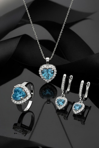 925 Ayar Akuamarin Taşlı Rodyum Pırlanta Işıltılı Kalp 3'lü Gümüş Set-takım Ayarlanabilir Rs10054 Gümüş