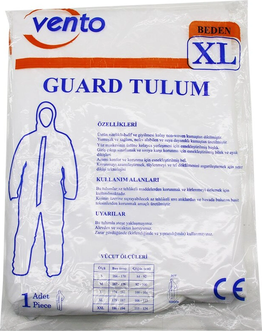 Vento Xl Guard Koruyucu Tulum Beyaz - Hafif - Non-woven Kumaş Boy: 179-187cm - Göğüs: 108-115cm 4741